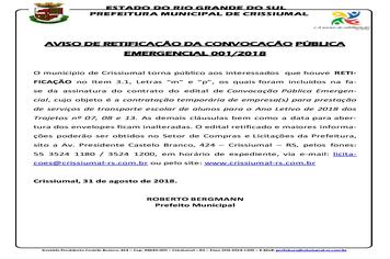 AVISO RETIFICAÇÃO CONVOCAÇÃO EMERGENCIAL 001/2018