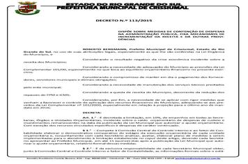 DECRETO N.º 113/2015 - MEDIDAS CONTENÇÃO DESPESAS ADMINISTRAÇÃO PÚBLICA