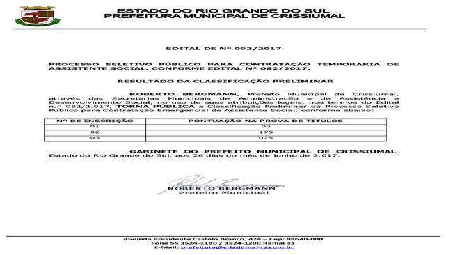 EDITAL 092/2017-CONTRATAÇÃO ASSISTENTE SOCIAL-CLASSIFICAÇÃO PRELIMINAR