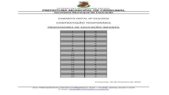 EDITAL 014/2016 - CONTRATAÇÃO TEMPORARIA PROFESSOR - GABARITO