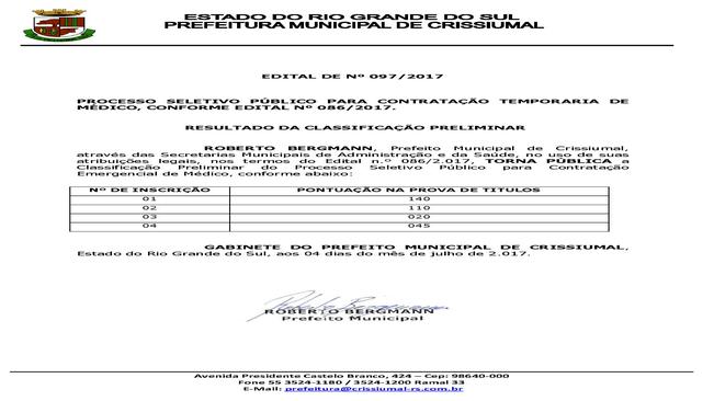 EDITAL 097/2017 - RESULTADO CLASSIFICAÇÃO PRELIMINAR - MEDICO