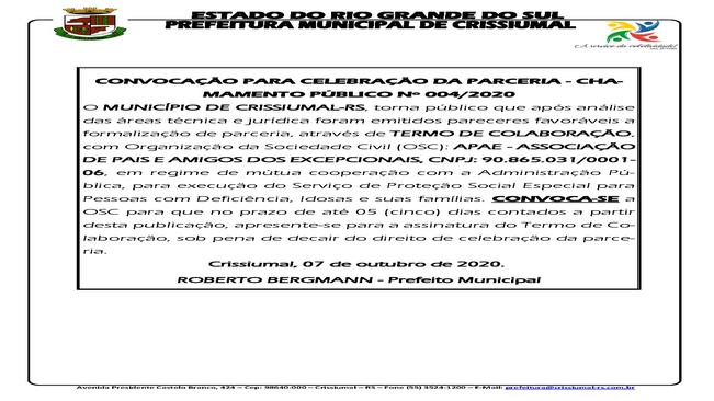 CONVOCAÇÃO CHAMAMENTO PÚBLICO 004/2020
