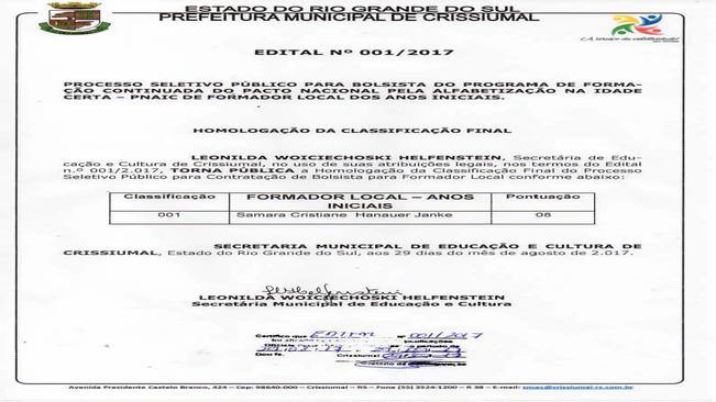 EDITAL 001/2017-PROCESSO SELETIVO BOLSISTAS PNAIC-HOMOLOGAÇÃO FINAL