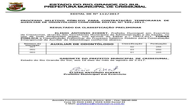 EDITAL 112/2017- AUXILIAR ODONTÓLOGO-CLASSIFICAÇÃO PRELIMINAR