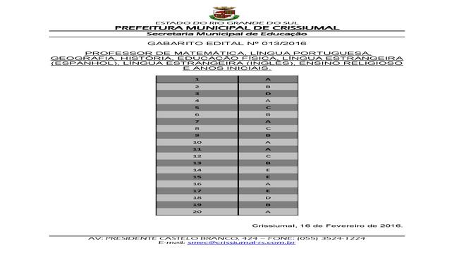 EDITAL 013/2016 - CONTRATAÇÃO 15 PROFESSORES - GABARITO