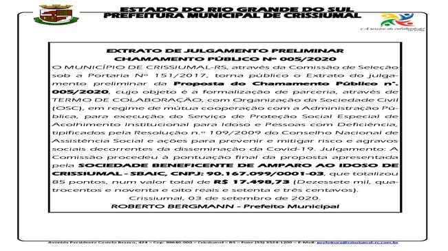 EXTRATO CHAMAMENTO PÚBLICO 005/2020