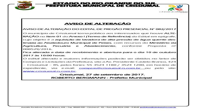 AVISO DE ALTERAÇÃO DO EDITAL DE PREGÃO PRESENCIAL 082/2017