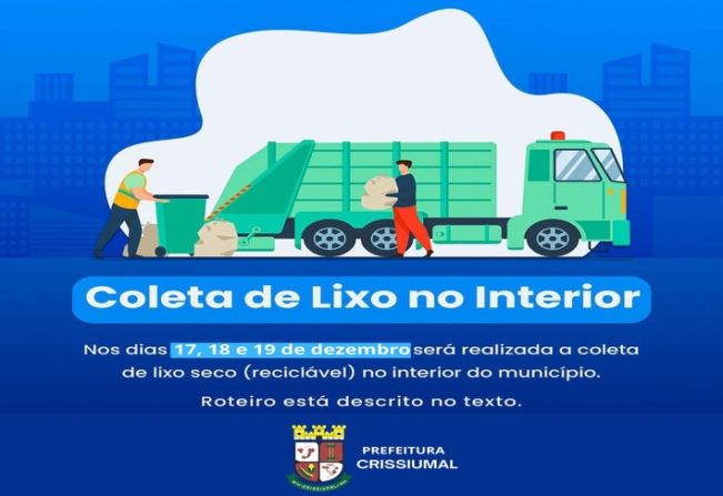 Nos dias 17, 18 e 19 de dezembro será realizada a coleta de lixo seco (reciclável) no interior do Município