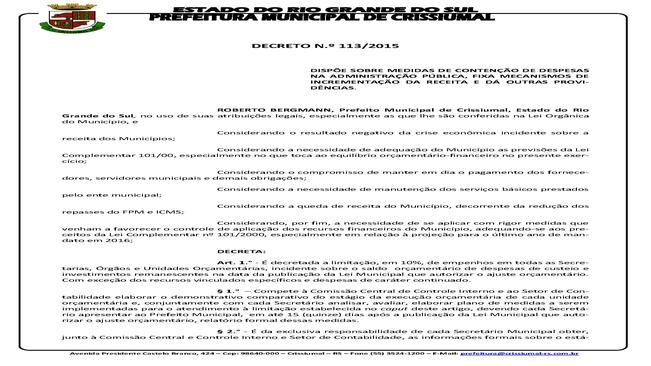 DECRETO N.º 113/2015 - MEDIDAS CONTENÇÃO DESPESAS ADMINISTRAÇÃO PÚBLICA