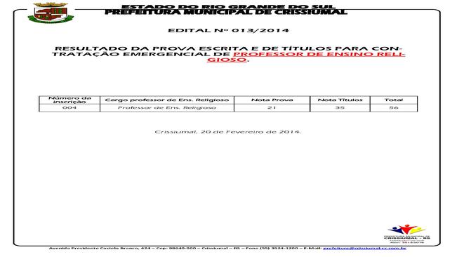EDITAL 013/2015-RESULTADO CONTRATAÇÃO EMERGENCIAL PROFESSORES