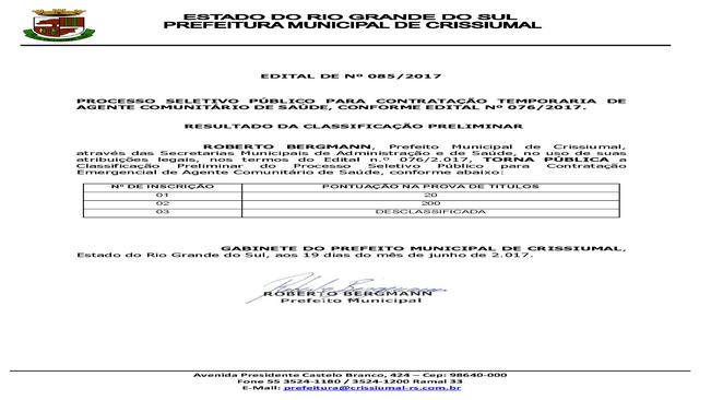 EDITAL 085/2017-AGENTE COMUNITÁRIO SAÚDE-CLASSIFICAÇÃO PRELIMINAR