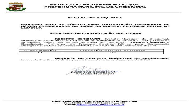 EDITAL 128/2017-PROCESSO SELETIVO MÉDICO-RESULTADO PRELIMINAR