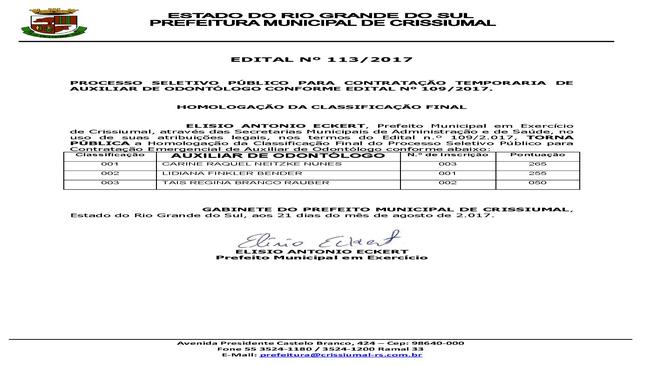 EDITAL 113/2017-AUXILIAR ODONTÓLOGO-HOMOLOGAÇÃO CLASSIFICAÇÃO FINAL